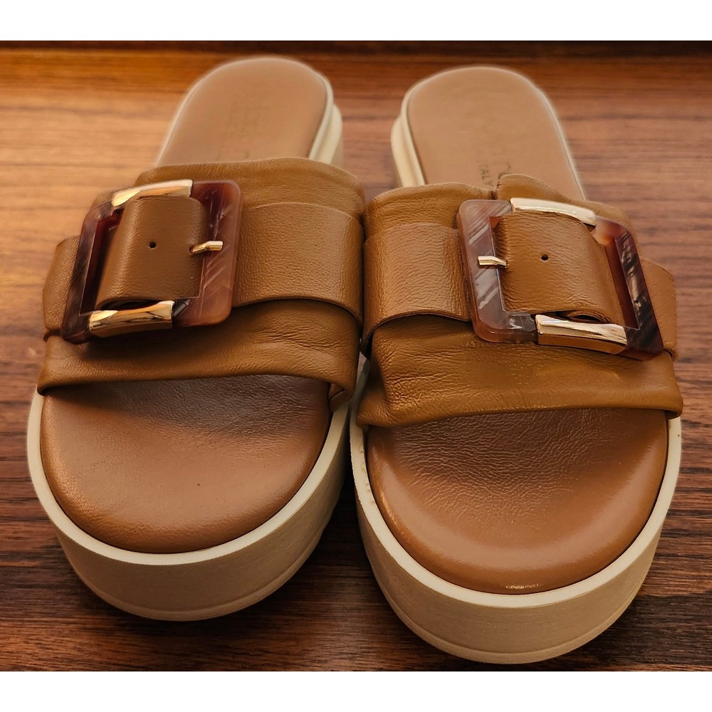 Simona Rossi Italy Leather Platform Slide Sandals Brown Tortoise Buckle Size 39